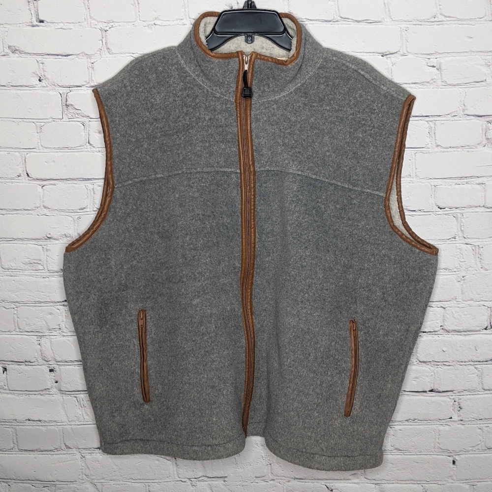 EUC fleece zip up vest with faux leather trim